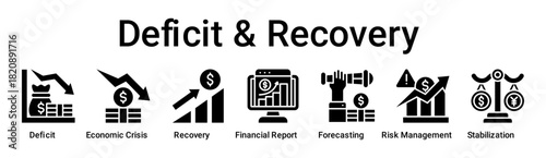 Deficit & Recovery banner web icon vector illustration concept for business with icon of Deficit, Economic Crisis, Recovery, Financial Report, Forecasting, Risk Management.