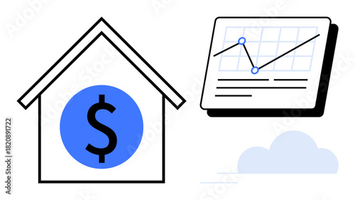 House icon with dollar sign and analytics chart showing upward trend, cloud background. Ideal for real estate, finance, growth strategy, investment, housing market, data visualization, economic