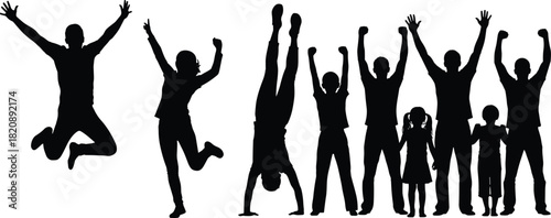 Celebration silhouette pose set, joyful movement, jumping, handstand, raised arms, black on white, family icon, expressive posture, community gesture