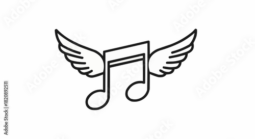 A simple line drawing of a musical note with wings.