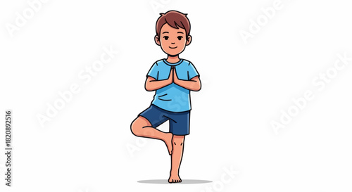 Young boy practicing yoga in tree pose, demonstrating balance and mindfulness.