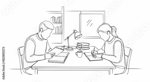 Two students studying diligently at a desk with books and a lamp.