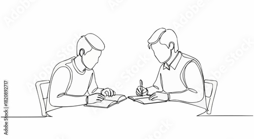 Two men drawing or writing at a table in a continuous line art style.