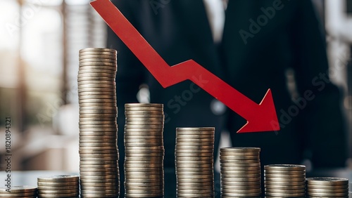 The image shows stacked golden coins descending in height, with a red arrow pointing downwards to emphasize