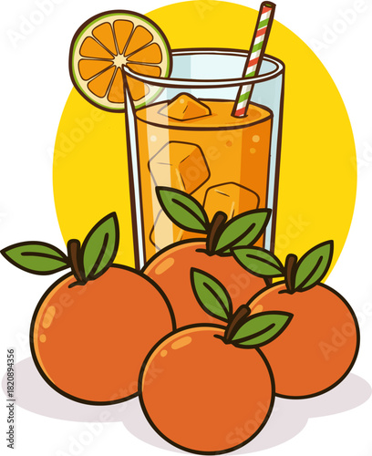 vector illustration of a group of oranges and a glass of orange juice