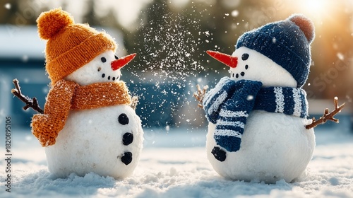Two snowmen having a snowball fight, snowflakes frozen midair, crisp winter atmosphere --chaos 55 --ar 16:9 --raw --sref 1486951040 --stylize 500 --v 7 Job ID: 38d62922-b748-4f34-abd4-d4280cf6b17b