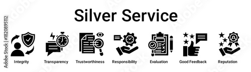 Silver Service banner web icon vector illustration concept for education with icon of Integrity, Transparency, Trustworthiness, Responsibility, Evaluation, Good Feedback.