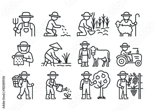 Vector Line illustrations of farmers engaged in various agricultural activities