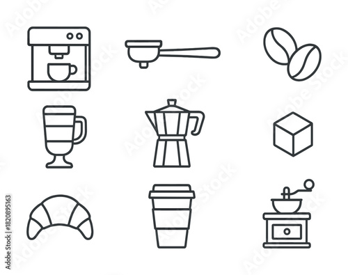 Vector Coffee icons: espresso machine, beans, moka pot, grinder, croissant, cup