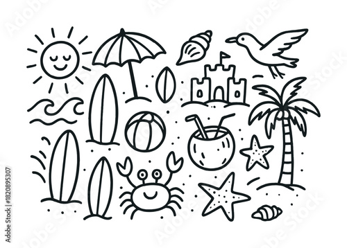 Vector Summer beach doodles: sun, surfboards, palm trees, and seaside fun