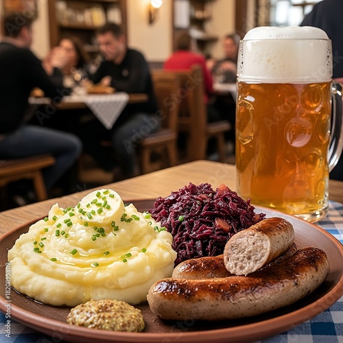 Image generated neural network beautiful German traditional lunch Mashed potatoes Sauerkraut Sausages Craft Cold beer