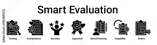Smart Evaluation banner web icon vector illustration concept for education with icon of Testing, Competency, Scrutiny, Appraisal, Benchmarking, Capability.