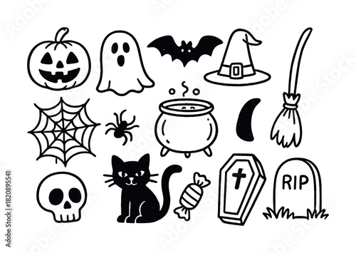 Vector Halloween symbols: ghost, pumpkin, bat, witch hat, cat, skull, spiderweb, tombstone