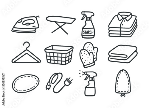 Vector Household laundry symbols: iron, hanger, basket, spray, mitts, shirts