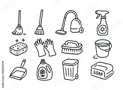 Vector Hand-drawn cleaning tools set: mop, vacuum, soap, gloves, spray bottle, bucket