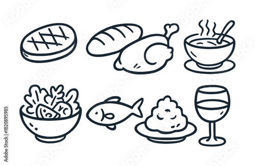 Vector Hand-drawn food icon set: salad, chicken, fish, soup, bread, wine