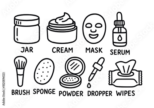 Vector Skincare kit illustrations: jar, cream, mask, serum, brush, sponge, powder, dropper, wipes