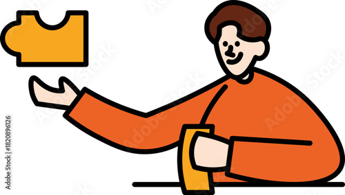 Man connecting puzzle piece, finding solutions now Successfull strategy brainstorm