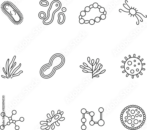 Simple line art icons representing microorganisms and molecules