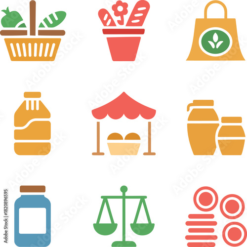 Grocery shopping icons basket produce market stall jars scales
