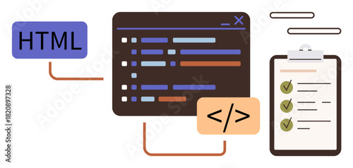 Code editor with syntax lines, HTML tag, task checklist on clipboard, and floating elements. Ideal for web development, programming, coding workflow, software tasks, project management digital
