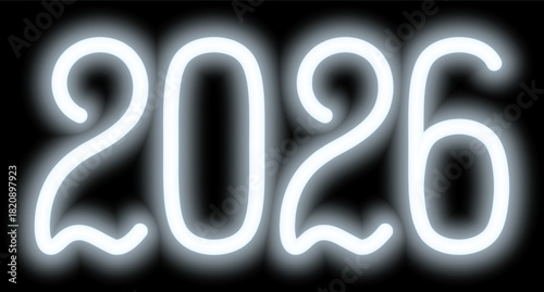 2026. Neon. White shining number. New Year. Color vector illustration. Isolated on black background. Idea for web design, banner