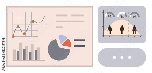 Analytical graphs, pie chart, and demographic data visualized using bar chart and bell curve. Ideal for analytics, presentation, statistics, demographics, marketing, data trends and simple flat