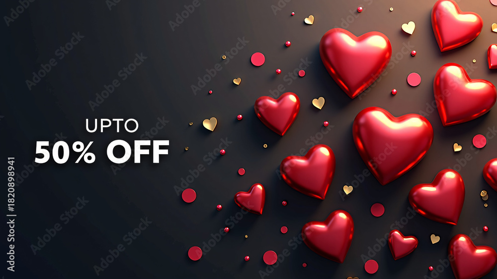 Obraz premium Glossy red hearts and golden confetti sparkle beside bold white sale text—romantic and festive, perfect for Valentine’s Day promotions. 