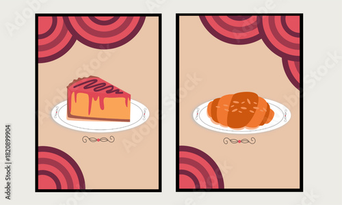 Pastry wall art or poster for backery. Cheesecake and croissant wall decor.
