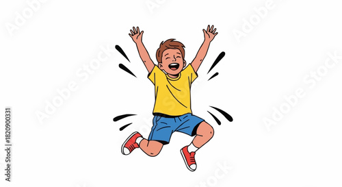 Joyful cartoon boy jumping with excitement and happiness.