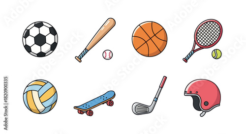 Collection of sports equipment illustrations isolated on white background