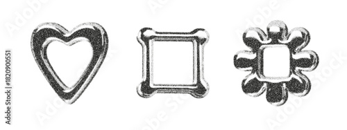 Grainy heart, square and flower frames with dotwork texture. Stipple grain and halftone shading create abstract decorative borders for minimalist retro designs and monochrome graphic layouts