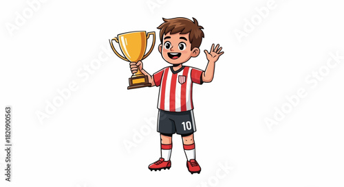 Cartoon boy soccer player holding a golden trophy and waving.