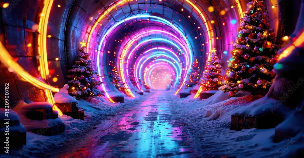 Fototapeta premium Bright tunnel glows with vibrant lights. Snow covers ground, trees sparkle. Festive scene evokes winter holiday magic.