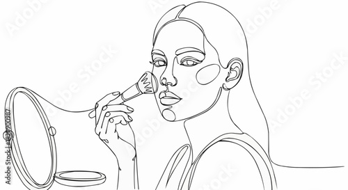 Elegant Woman Applying Makeup with Brush in Minimalist Line Art Style.