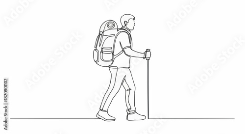 Continuous one line drawing of a man hiking with a backpack and trekking pole.