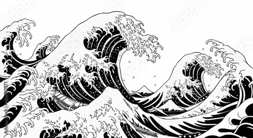 Dramatic monochrome depiction of powerful ocean waves crashing with great force.