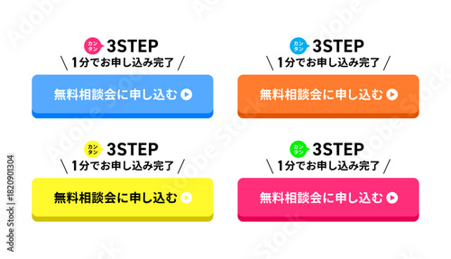3ステップ！簡単1分で申し込み！という見出しのついた立体的な4色（薄青・橙色・黄色・濃い桃）のボタンセット