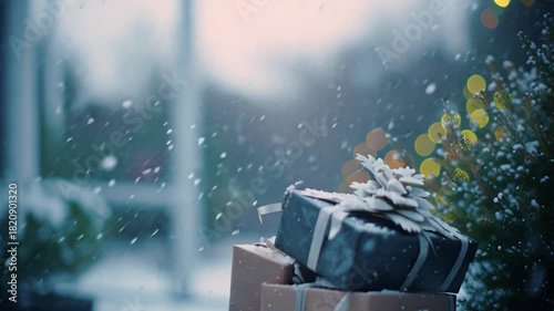 Snowy Christmas Gifts Stacked with Pine Cone and Evergreen Tree in Winter Scene