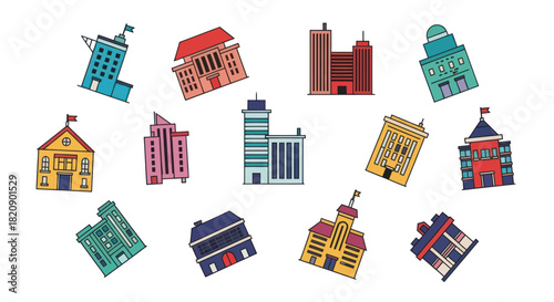 Colorful buildings cartoon illustrations of urban architecture designs