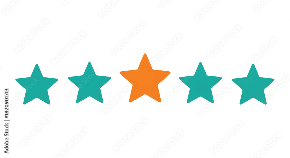 Fototapeta premium Title: Vector illustration of five stars with one orange star highlighted among teal stars, symbolizing rating, review, and evaluation system 