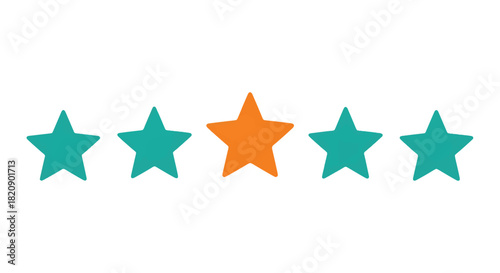 Title:
Vector illustration of five stars with one orange star highlighted among teal stars, symbolizing rating, review, and evaluation system
