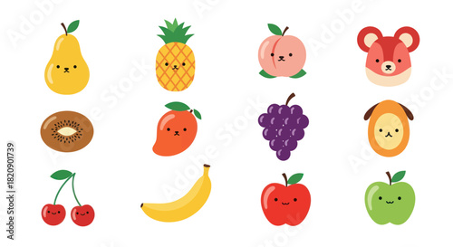 Colorful cartoon fruit assortment on white background flat design illustration
