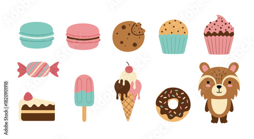 Colorful cartoon sweets and dessert collection with a cute animal