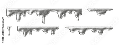 Stipple drip borders with grainy texture and halftone shading. Abstract liquid shapes with noise and dotwork forming decorative frames and melting edges. Vintage monochrome style for design accents