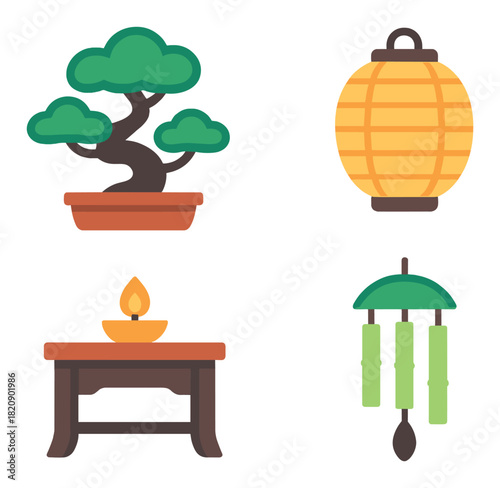 Zen ambiance with bonsai, lantern, candle, and wind chimes in vector art