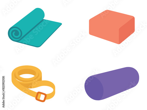 Glowing yoga essentials: mat, block, strap, and bolster in neon light