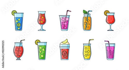 Colorful cocktail beverages set with varied ingredients and garnishes