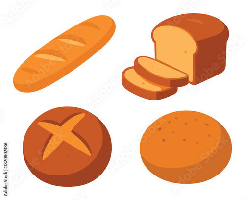 Assorted loaves of bread: baguette, sliced, round, bun in warm tones