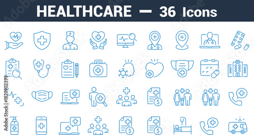 Line-style healthcare icon set featuring emergency, doctor, treatment, diagnosis, reports, prevention, and medical essentials—minimal and fully editable. 